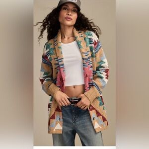 Lucky Brand Southwest Tan Multicolor Aztec Shawl-Collar Cardigan Size S